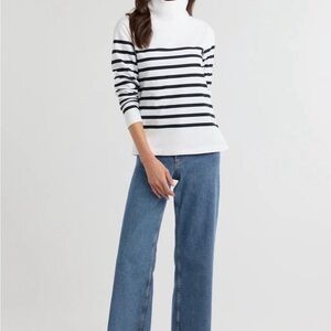 Dudley Stephens Greenpoint turtleneck in cream/olive green placed stripe